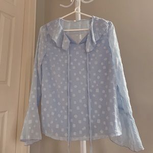 Blue Long bell sleeve Peter Pan frill trim collar chiffon blouse shirt